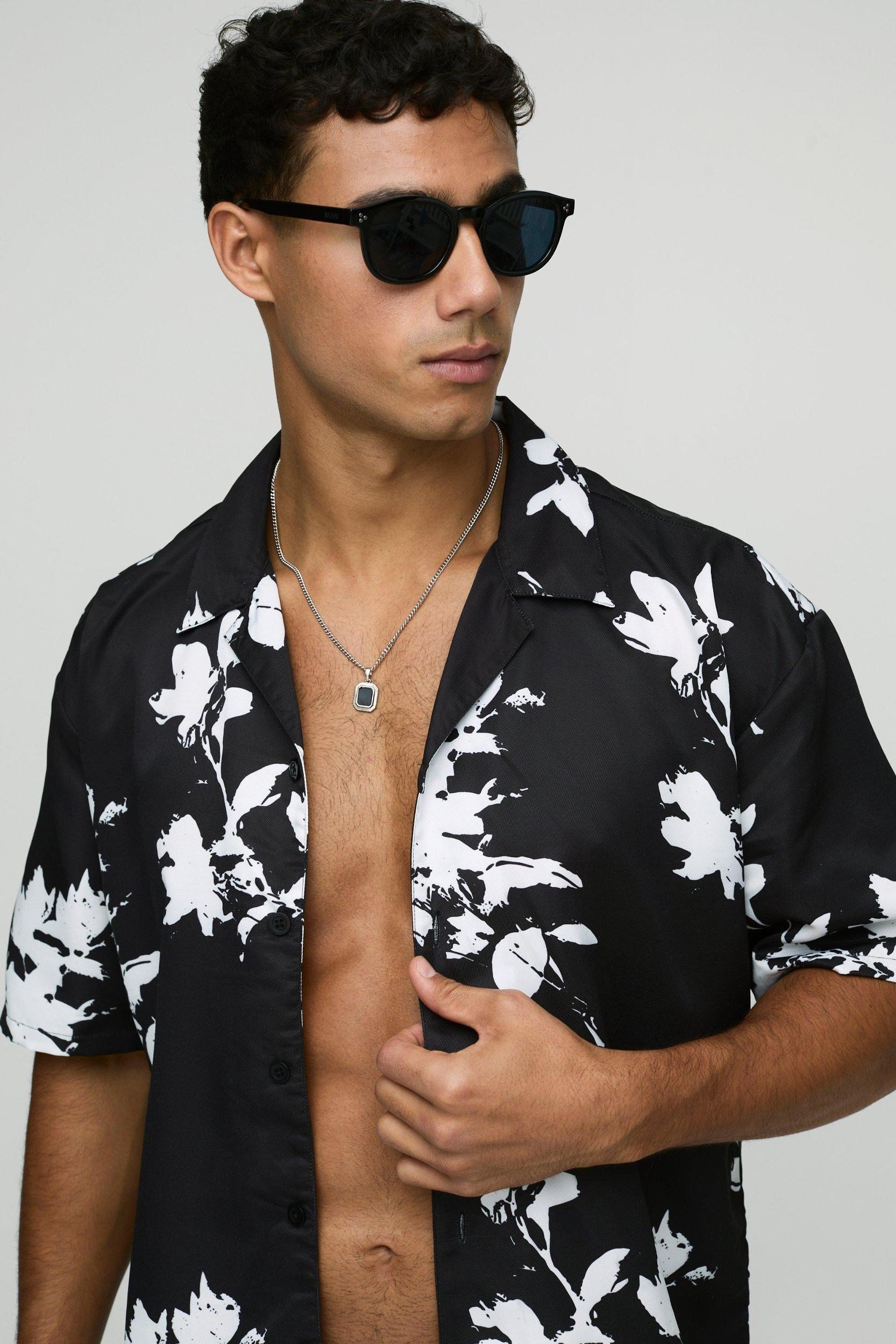 Oversized Boxy Viscose Printed Shirt & Swim Set | boohooMAN USA Product Image