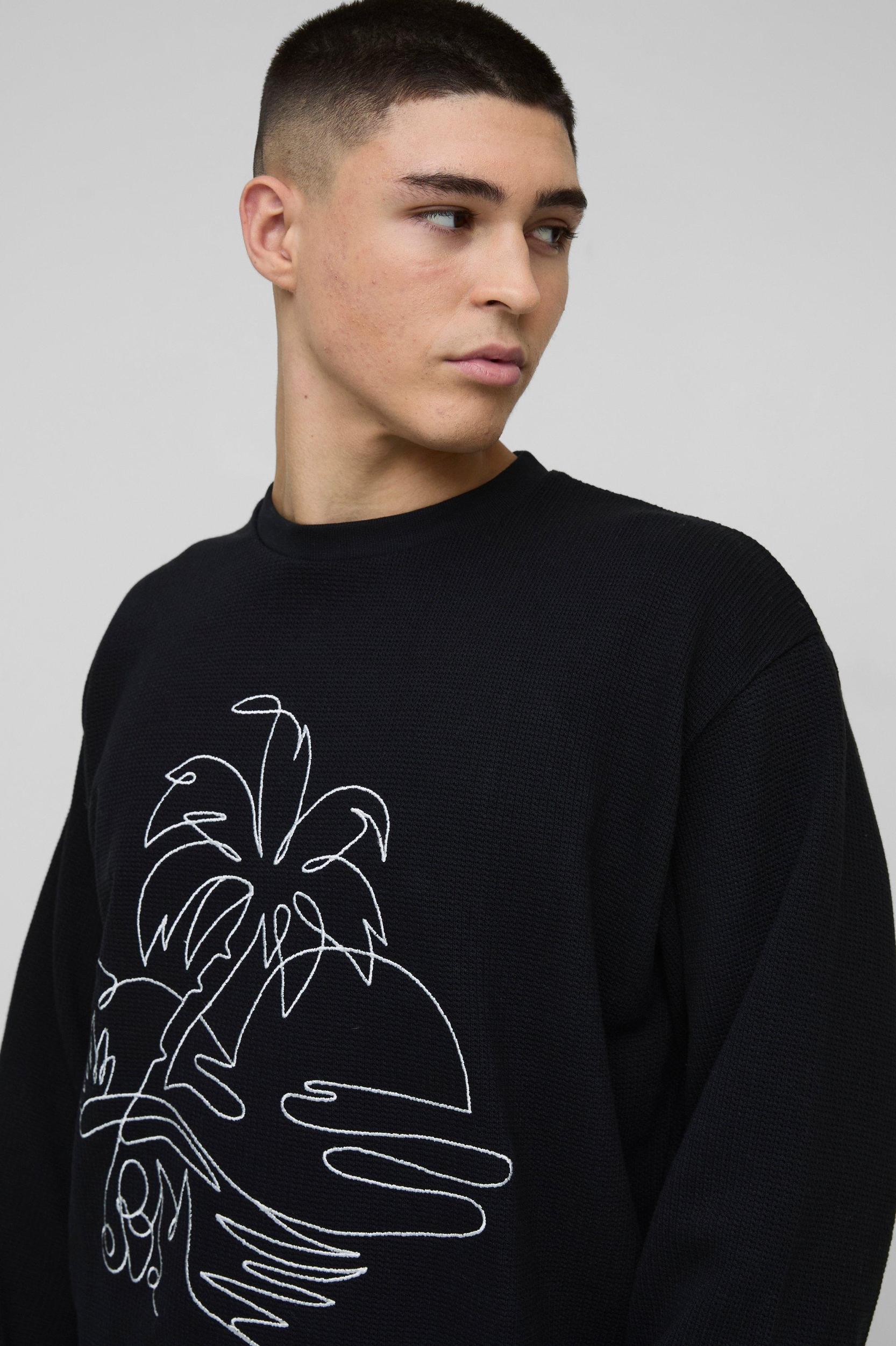 Oversized Boxy Waffle Palm Graphic Embroidered Sweatshirt | boohooMAN USA Product Image