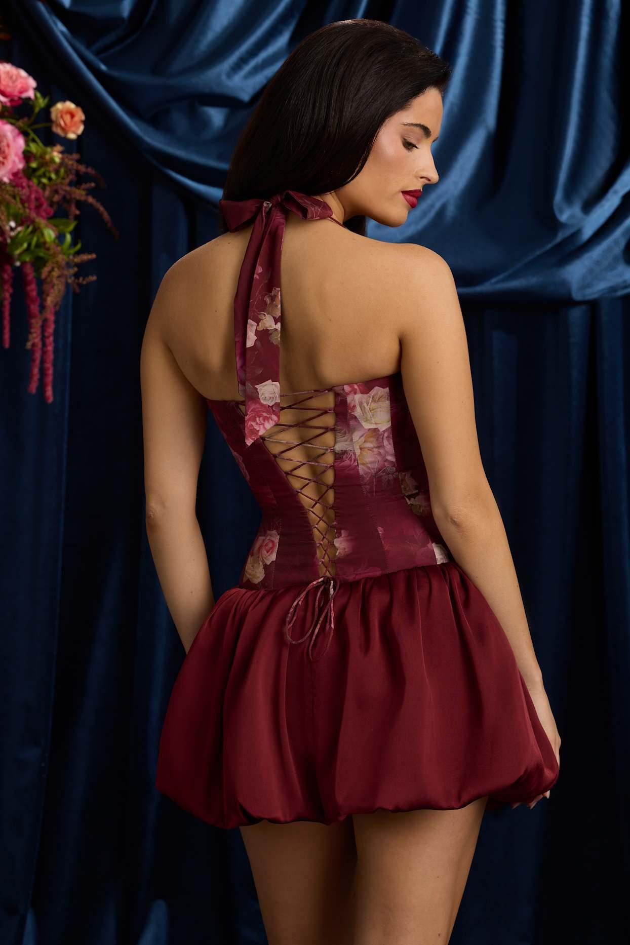 Halterneck Lace-Up Bubble Hem Mini Dress in Maroon Floral Print Product Image