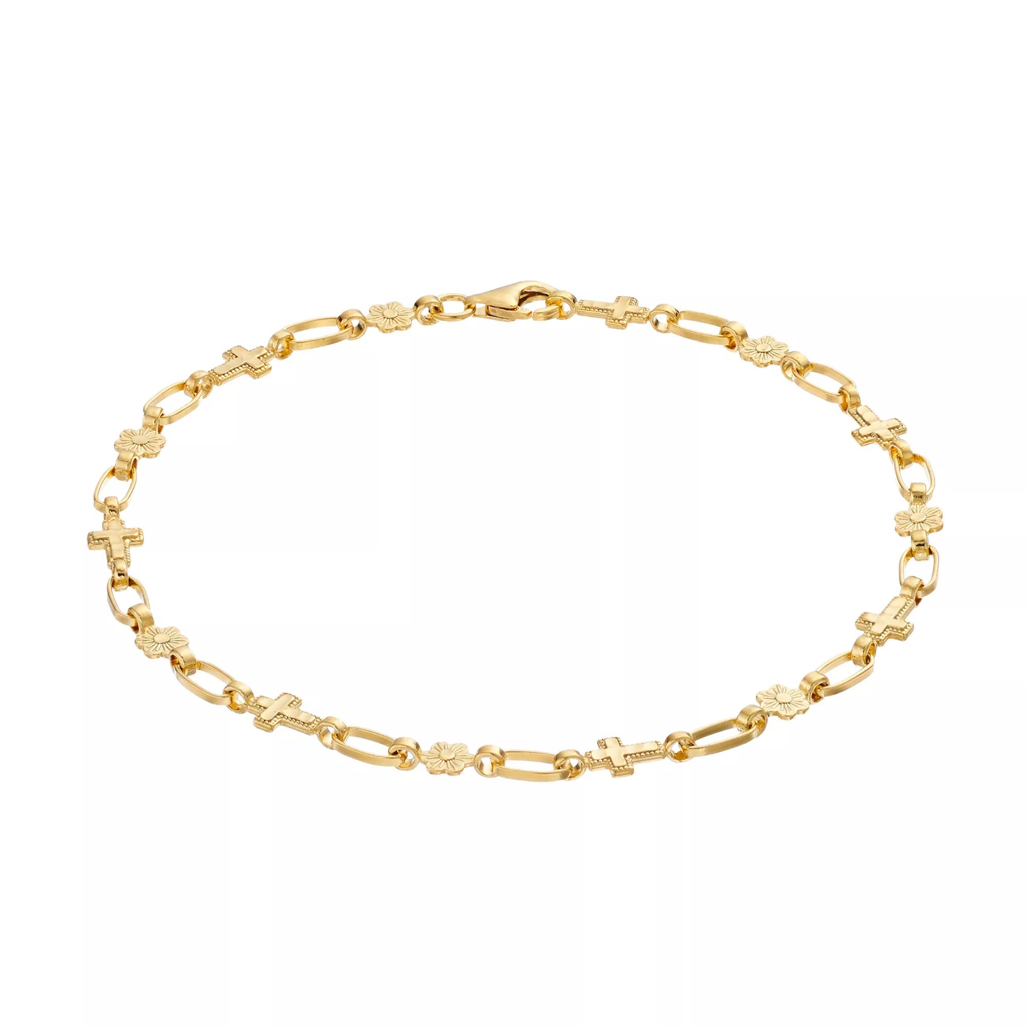 Kristen Kesho Sterling Silver Flower & Cross Link Bracelet, Women's, Size: 7.5", Gold Tone Product Image