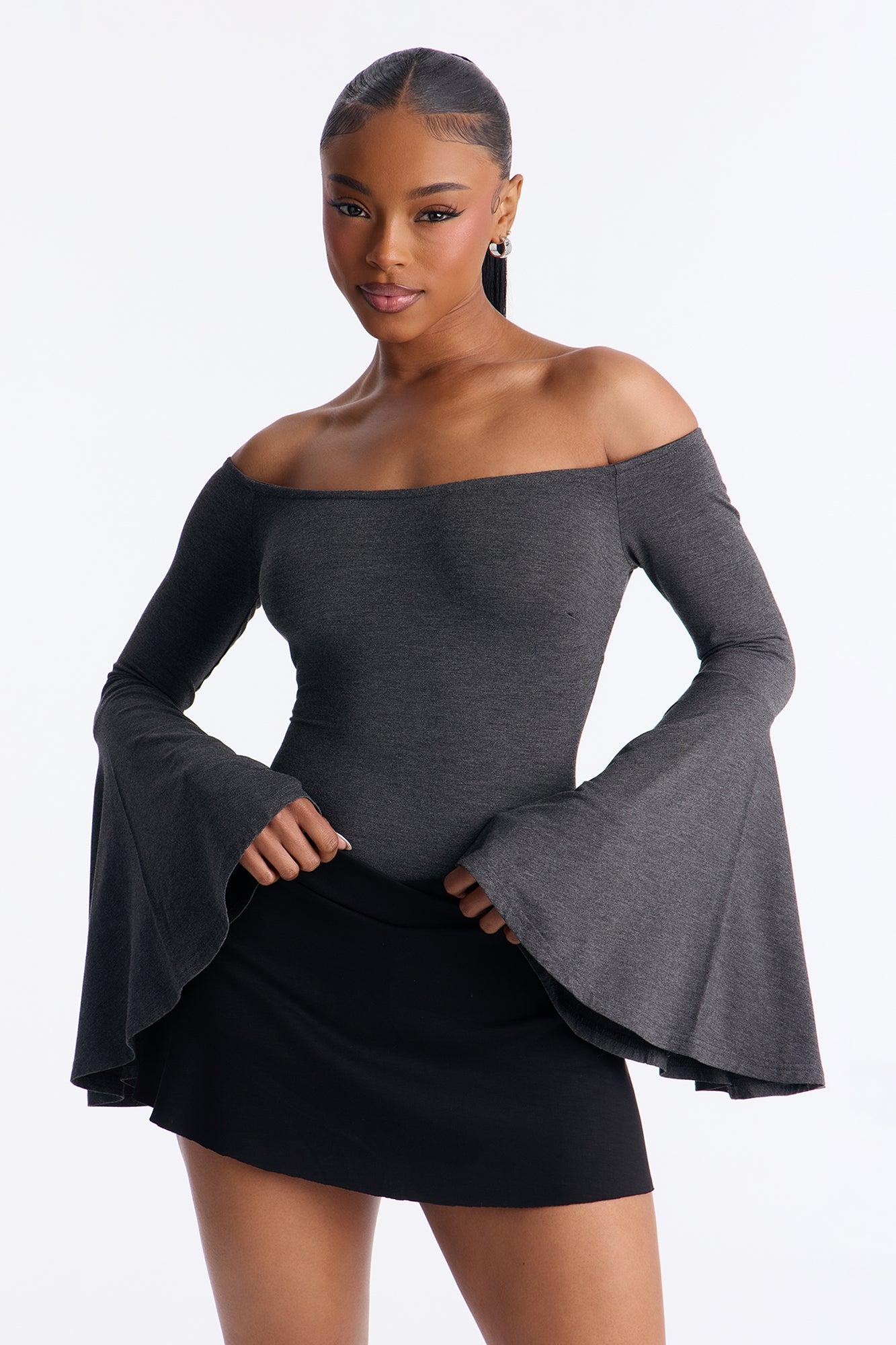 Shani Long Sleeve Off Shoulder Top - Charcoal Female Product Image