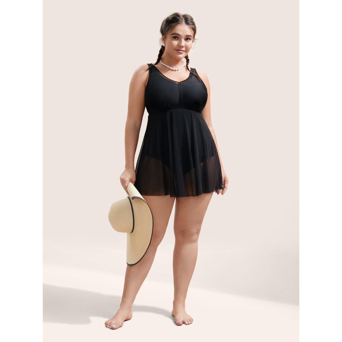 Plus Size Solid Mesh Patchwork Adjustable Straps Swim Dress Women's Swimwear Black Beach Bodycon V-neck High stretch Curve Swim Dresses BloomChic 18-20/2X Product Image