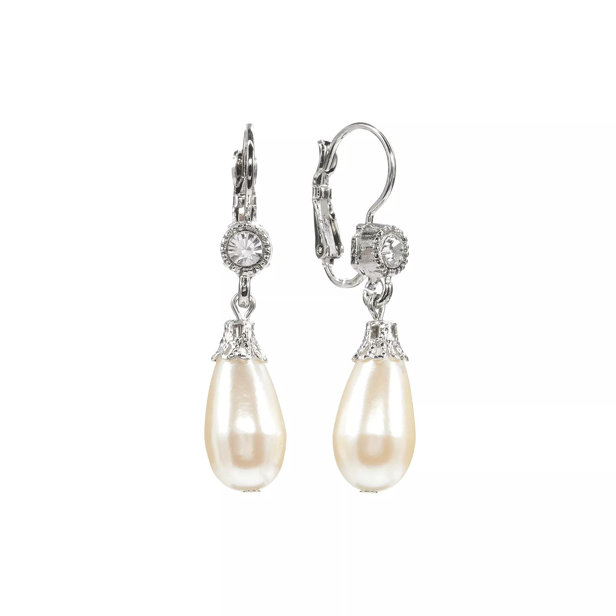 1928 Silver Tone Crystal & Simulated Pearl Drop Earrings, Women's, Grey Product Image