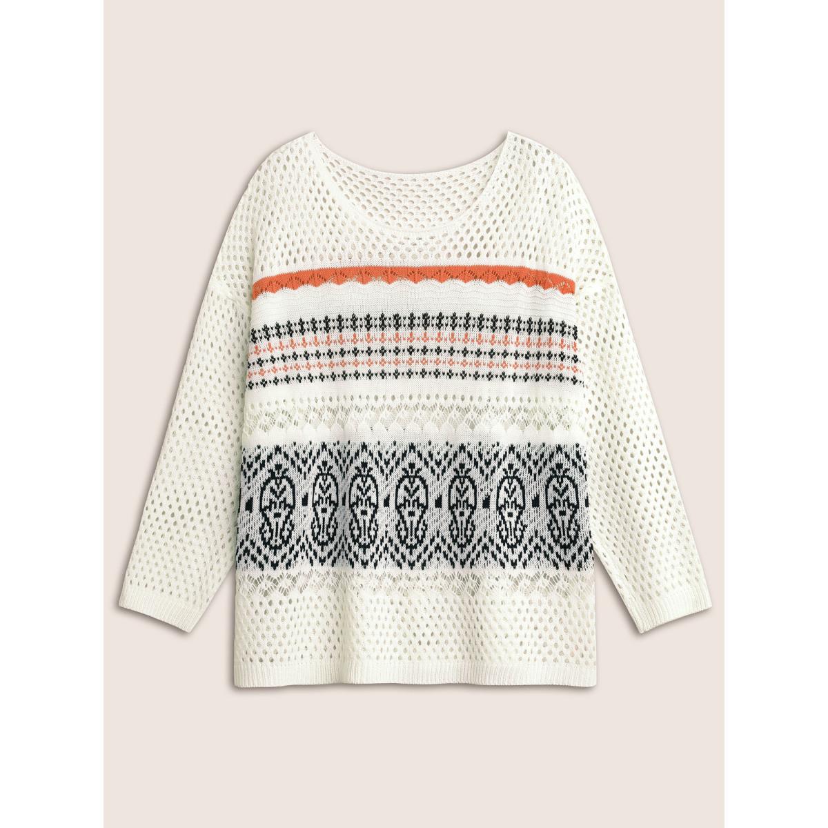 Plus Size Jacquard Hollow Out Drop Shoulder Pullover White Women Casual Long Sleeve Round Neck Everyday Pullovers BloomChic 14-16/1X Product Image