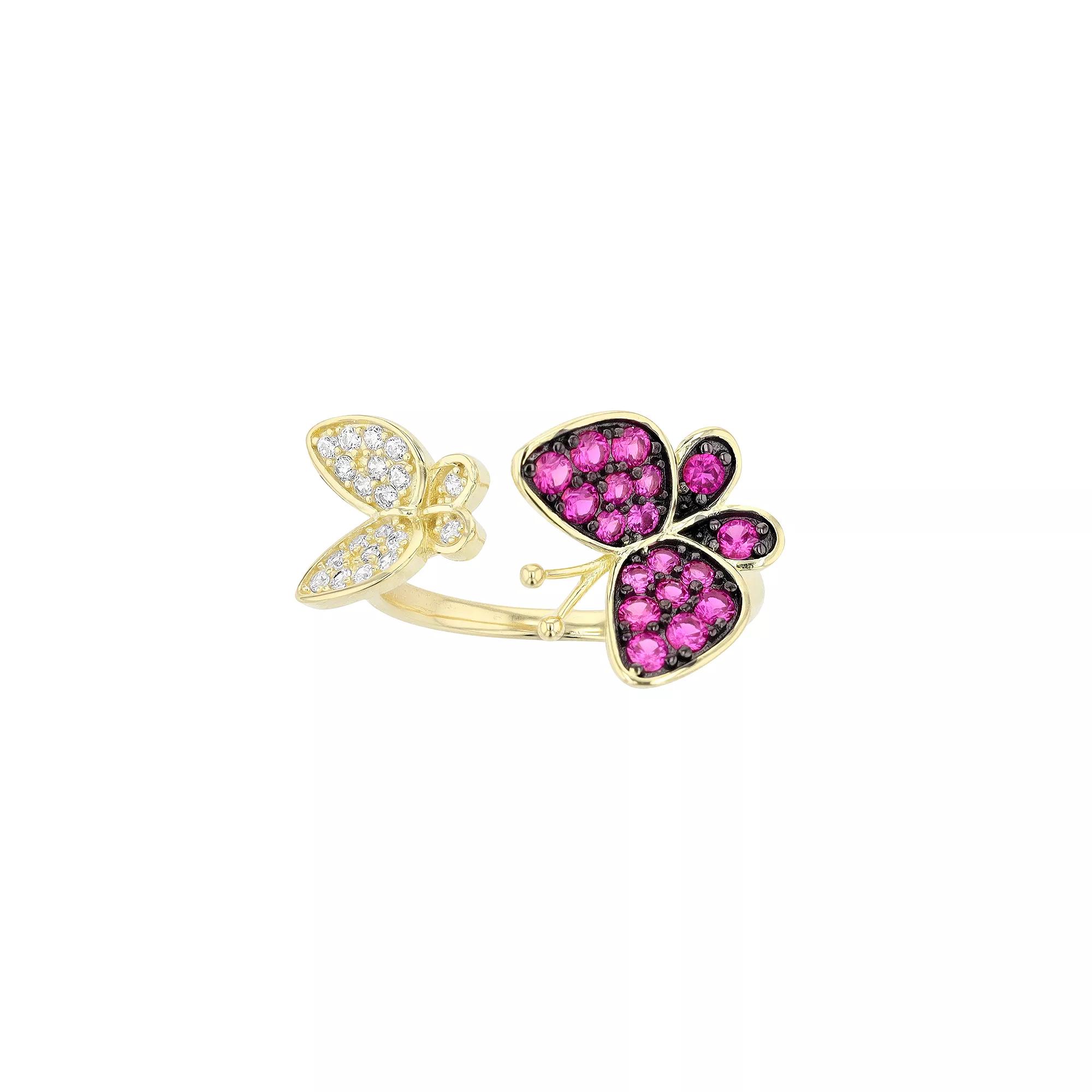 14k Gold Over Silver Red & White Cubic Zirconia Double Butterfly Stacking Ring, Womens Pink Tone Product Image