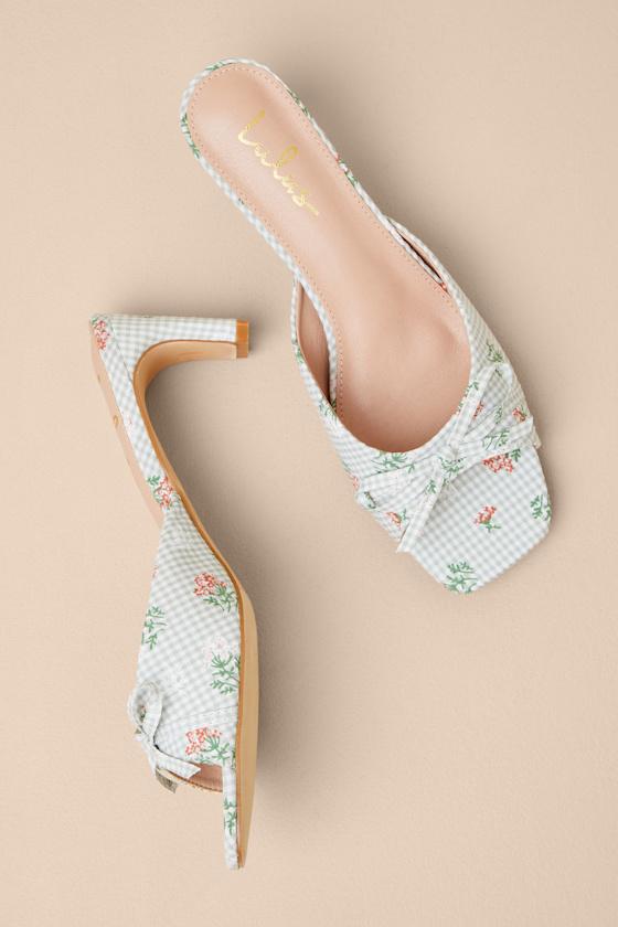 Gilzean Green Gingham Bow High Heel Slide Sandals Product Image