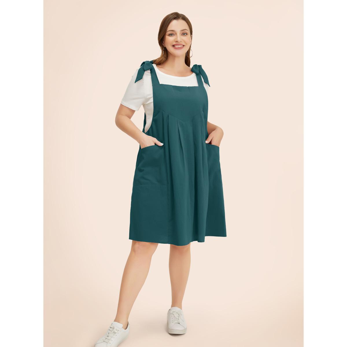 Plus Size Solid Pleated Hem Pocket Tie Shoulder Overall Dress Cyan Women Casual Pleated Spaghetti Strap Sleeveless Curvy Knee Dress BloomChic 28/5X Product Image