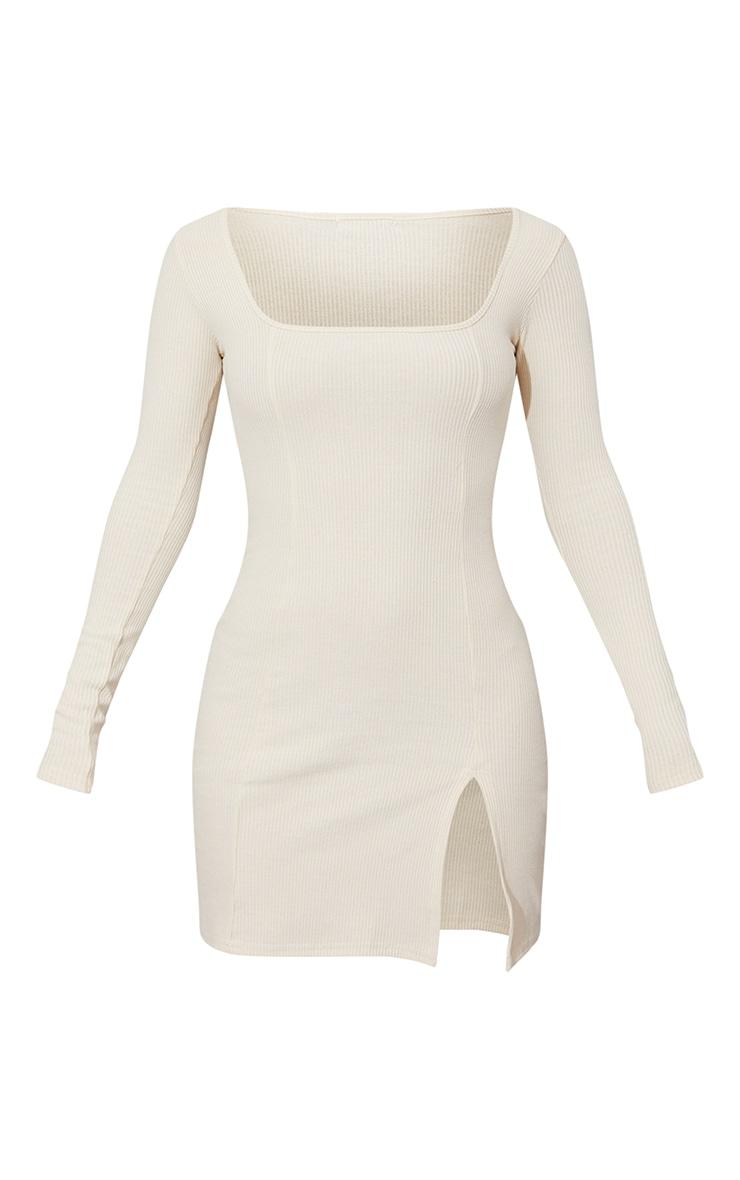Cream Rib Split Hem Square Neck Long Sleeve Bodycon Dress Product Image