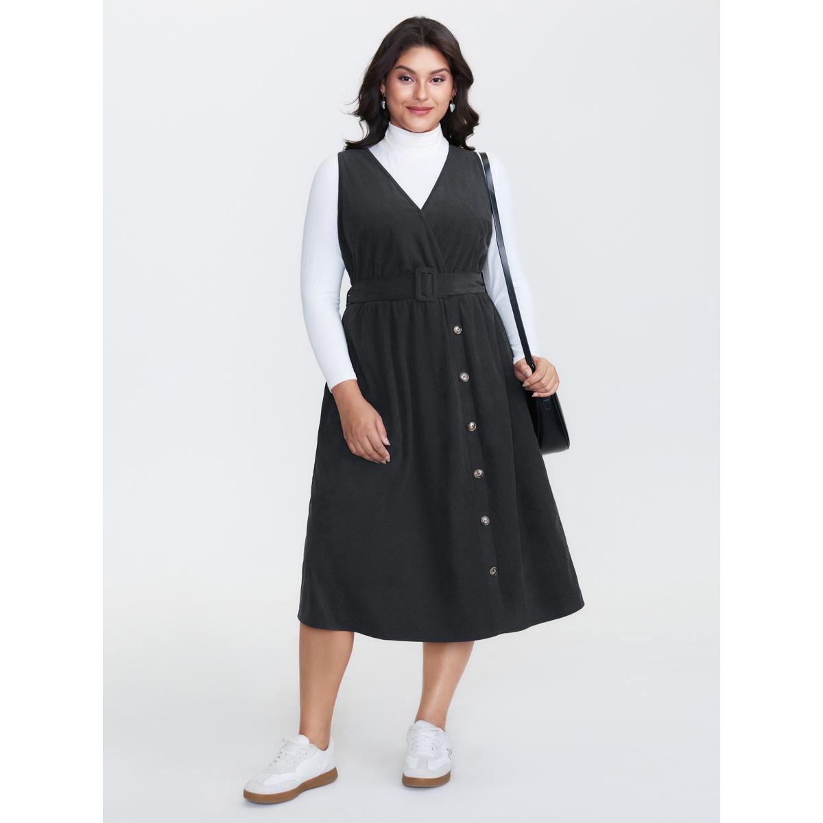 Plus Size Corduroy Sleeveless Belted Side Midi Dress Black Women Leisure Overlapping Overlap Collar Sleeveless Curvy BloomChic 18-20/2X Product Image