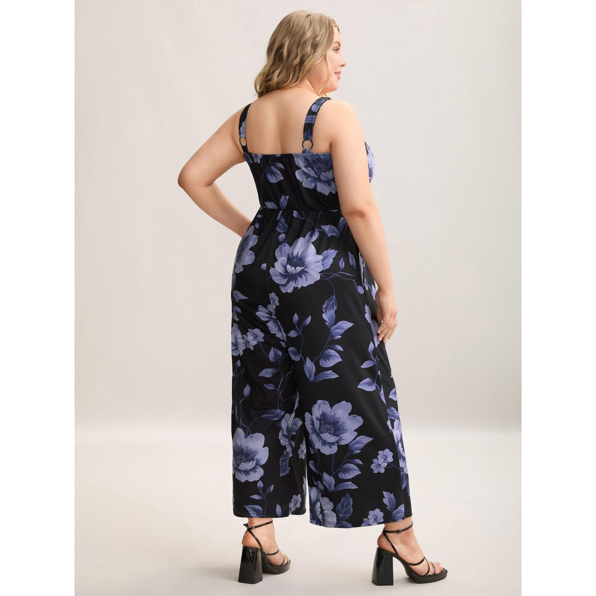 Plus Size Bluepurple Floral Print Stretchy Adjustable Straps Jumpsuit Women Elegant Sleeveless Non Everyday-Elegant Loose Jumpsuits BloomChic 22-24/3X Product Image