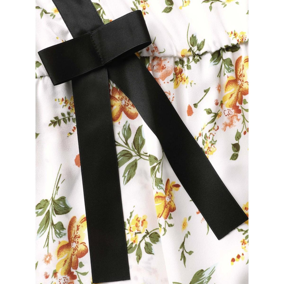 Plus Size Square Neck Contrast Trim Floral Print Dress Ivory Women Elegant Woven ribbon&lace trim Non Sleeveless Curvy BloomChic 12/L Product Image