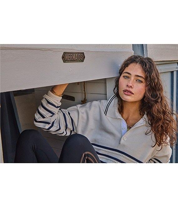 The Upside Wonder Knit Stripe Eyelet Dot Point Collar Long Sleeve Button Front Polo Product Image