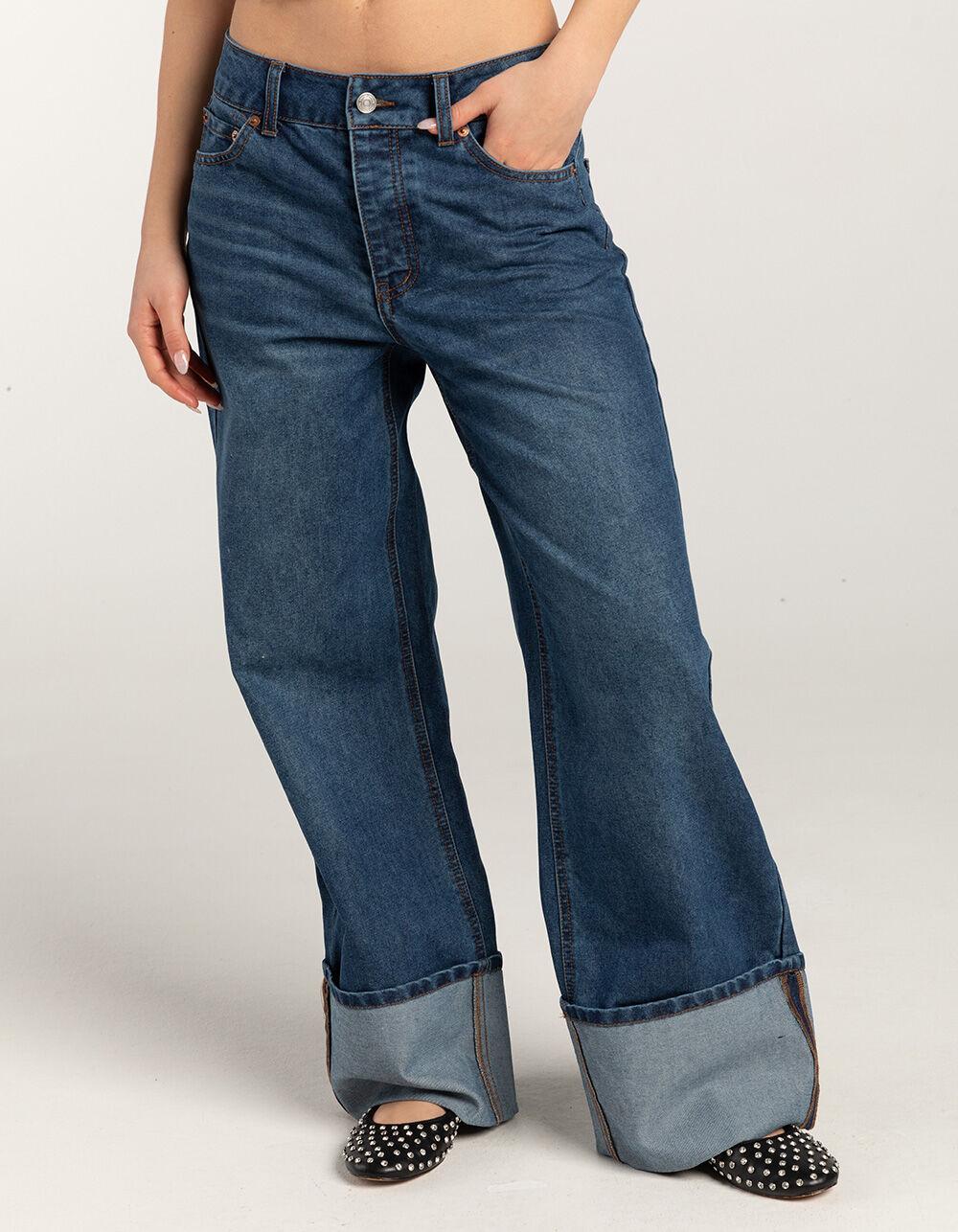 RSQ Womens Mid Rise Wide Leg Cuffed Jeans - Dark Wash Product Image