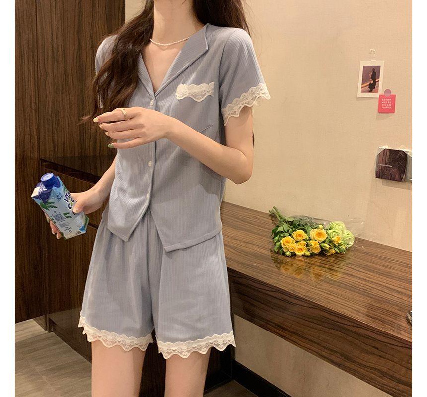 Pajama Set: Short-Sleeve Lace Trim Shirt + Shorts Product Image