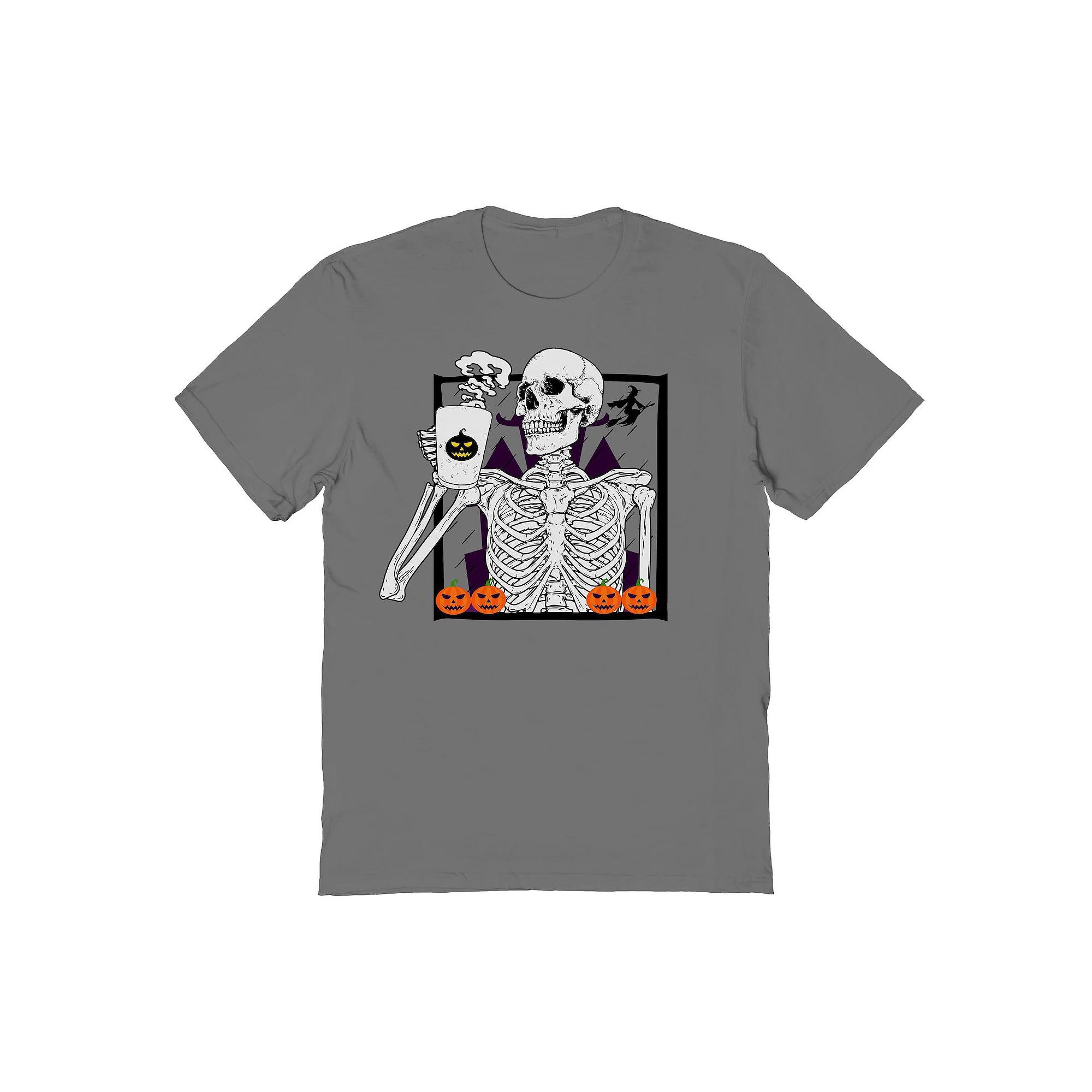 Men's Skeleton Drinking Coffee Halloween Graphic Tee, Size: XXL, Grey Product Image