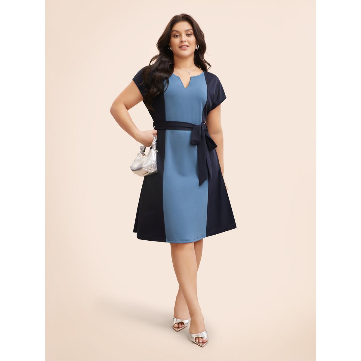 Plus Size Notched Contrast Patchwork Belted Dress Indigo Women At the Office Belted Flat collar with V-notch Cap Sleeve Curvy BloomChic 30/6X Product Image