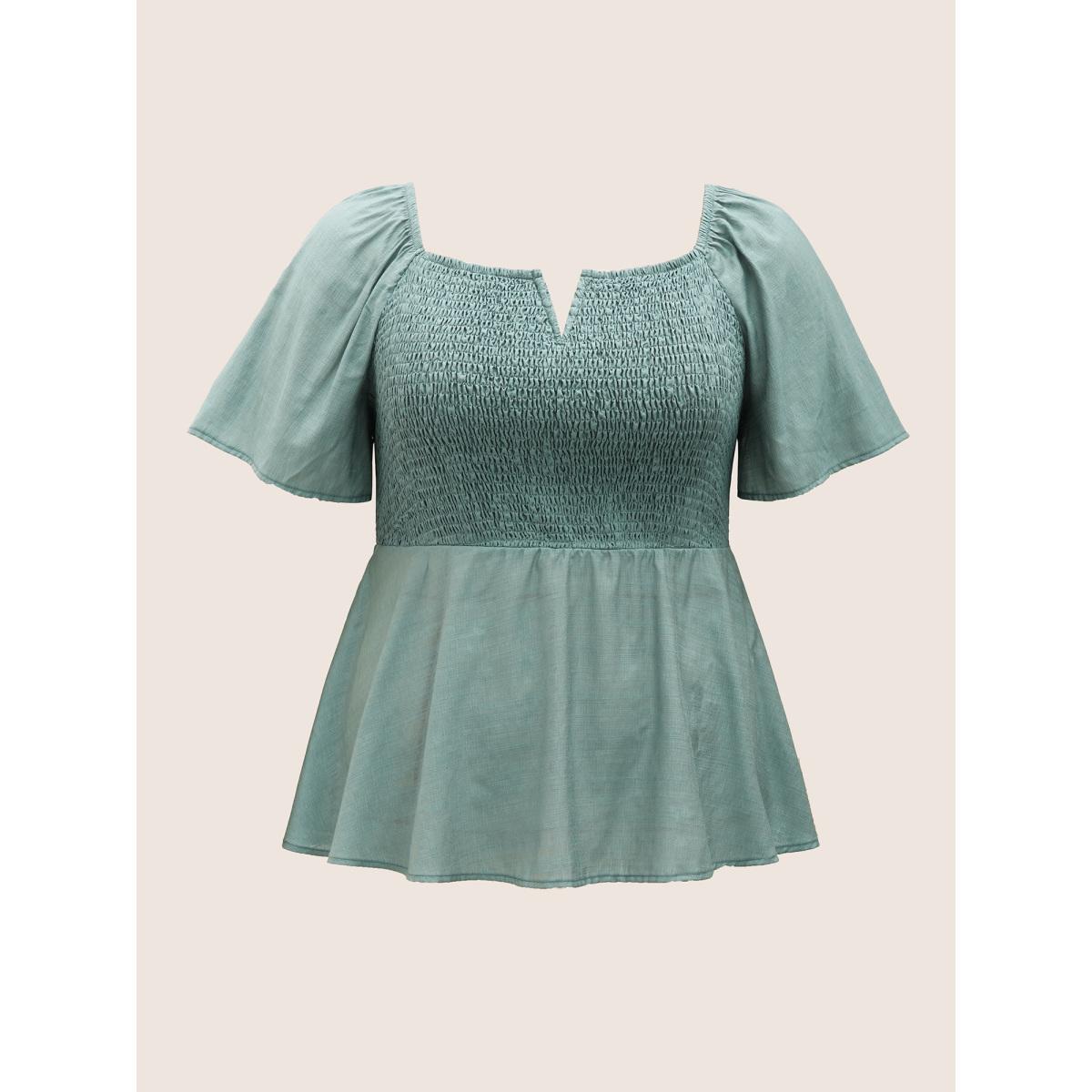Plus Size Emerald Notched Collar Shirred Ruffle Sleeve Blouse Women Casual Half Sleeve Notched collar Everyday Blouses BloomChic 10/M Product Image