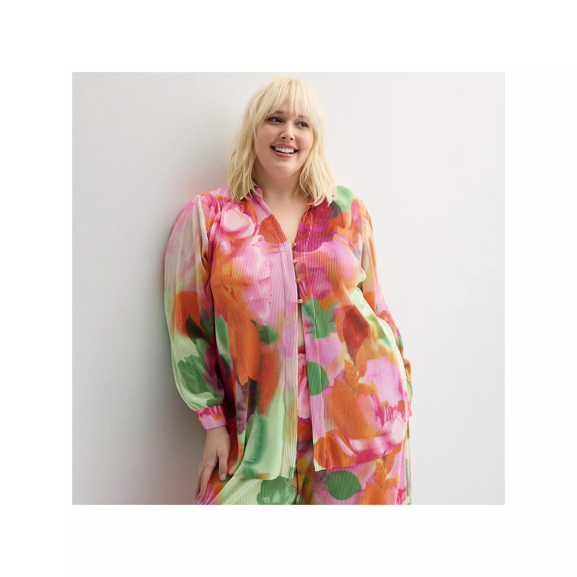 Plus Size INTEMPO Plisse Print Button Front Top, Womens Pink Garden Product Image