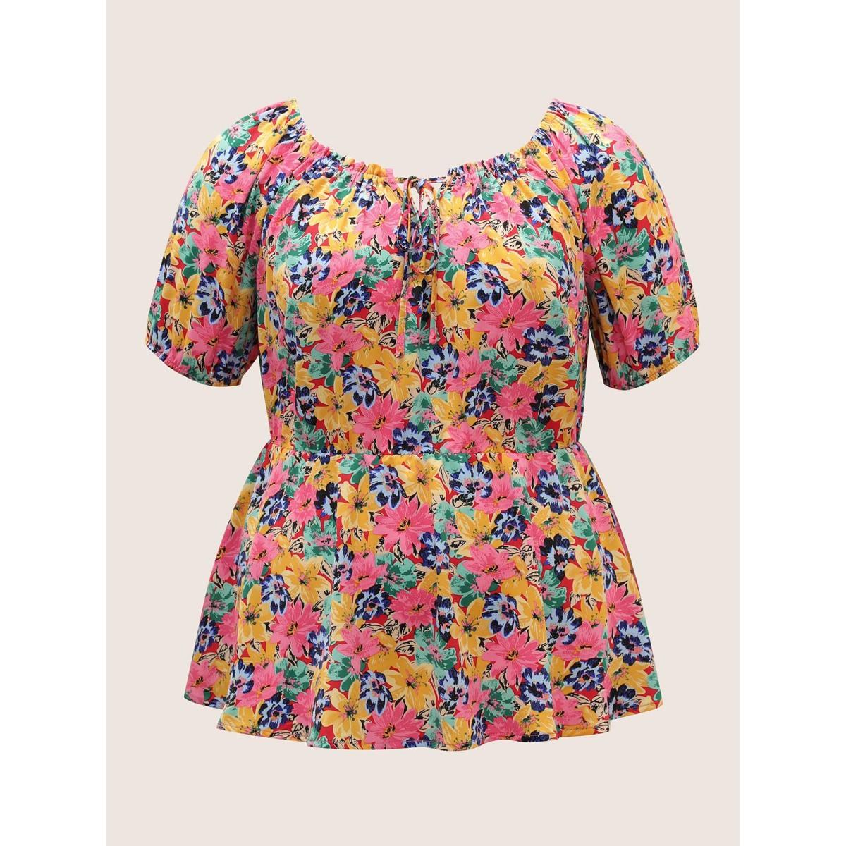 Plus Size Red Floral Elastic Waist Ties Lantern Sleeve Blouse Women Elegant Short sleeve Square Neck Everyday Blouses BloomChic 14-16/1X Product Image