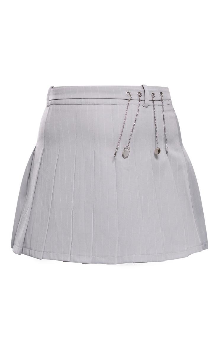 Grey Pinstripe Pleated Metal Trim Mini Skirt Product Image