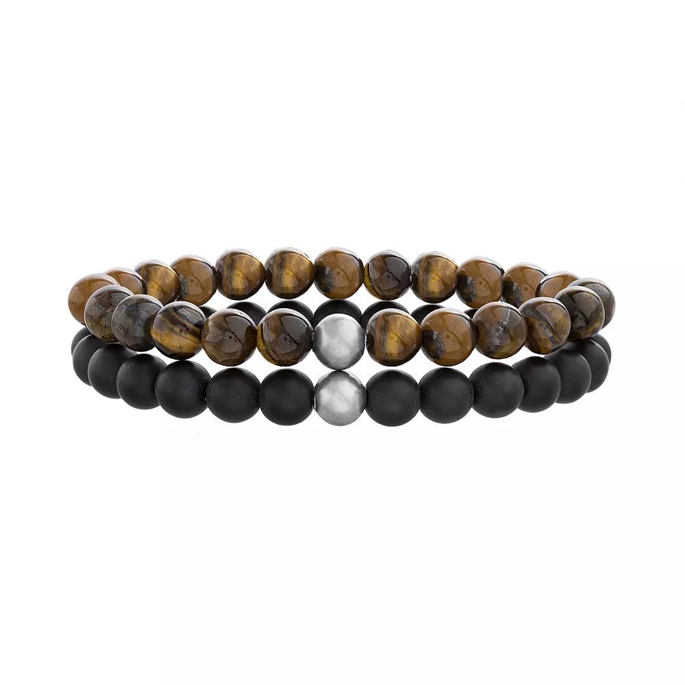 1913 Men's Red Tiger Eye & Glass Beads Stretch Bracelet Set, Size: 8.25", Brown Product Image