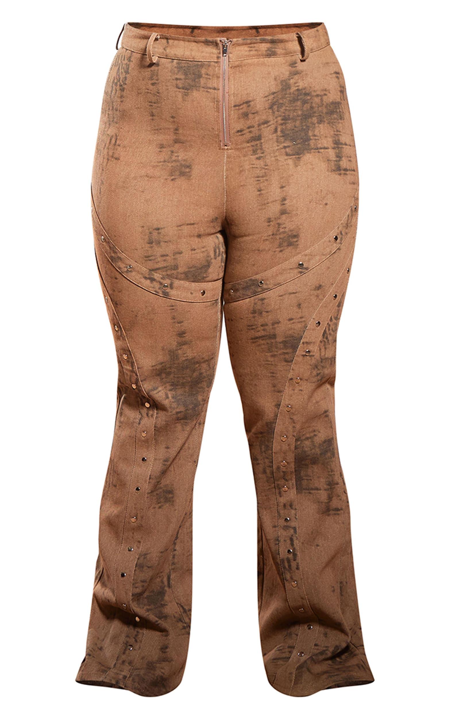 Plus Brown Acid Wash Studded Detail Flare Jeans Product Image
