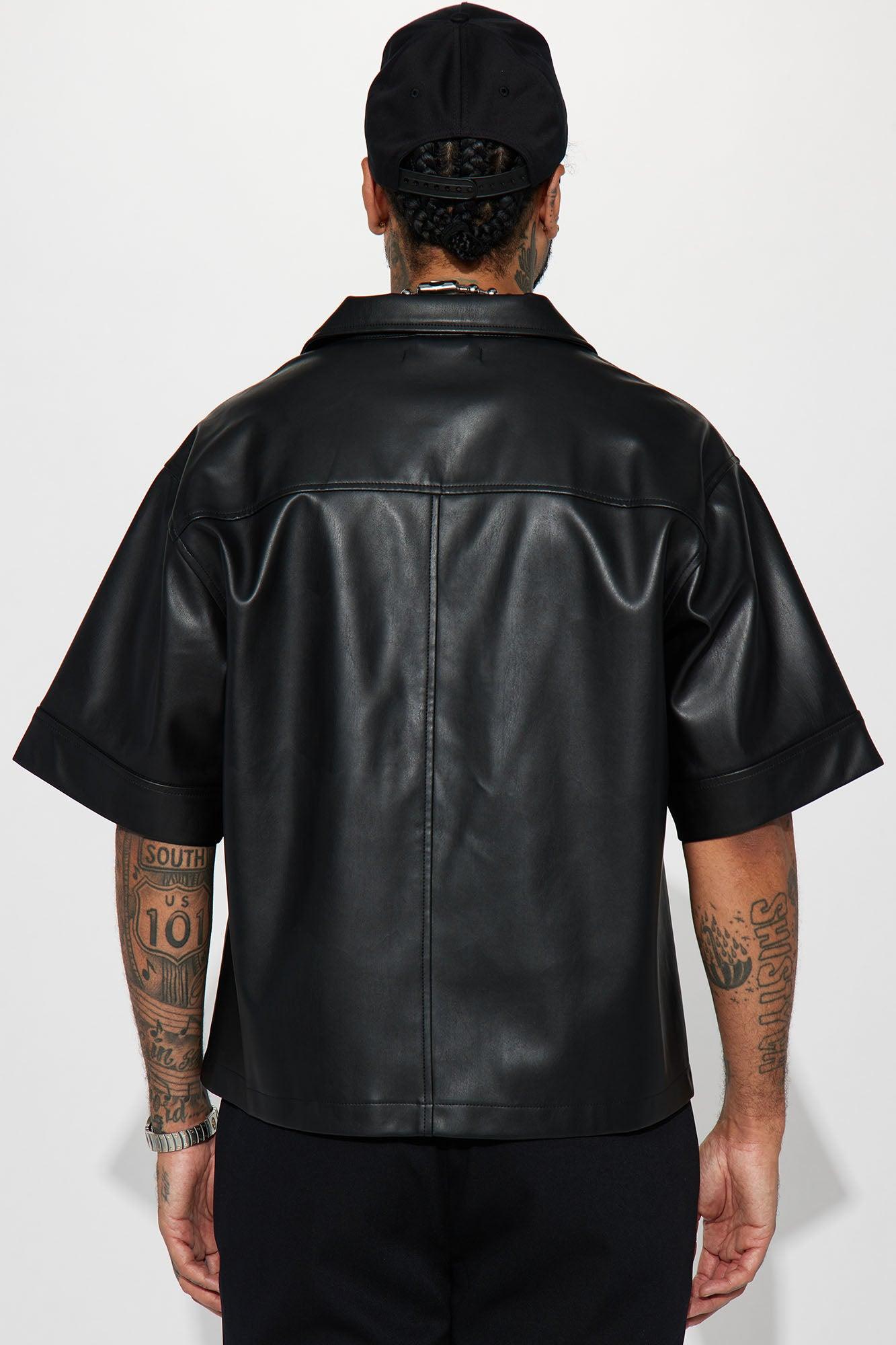 Cropped High Stepper Faux Leather Button Up Shirt - Black Product Image