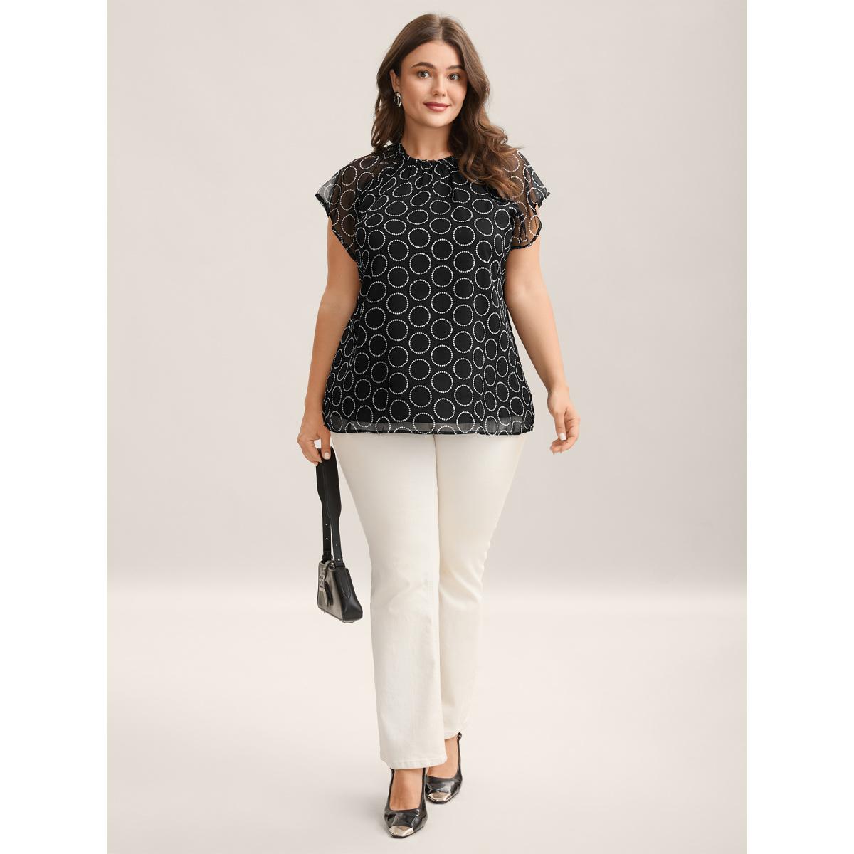 Plus Size Black Polka Dot Mock Neck Mesh Patchwork Blouse Women Workwear Essentials Cap Sleeve Round Neck Work Blouses BloomChic 10/M Product Image