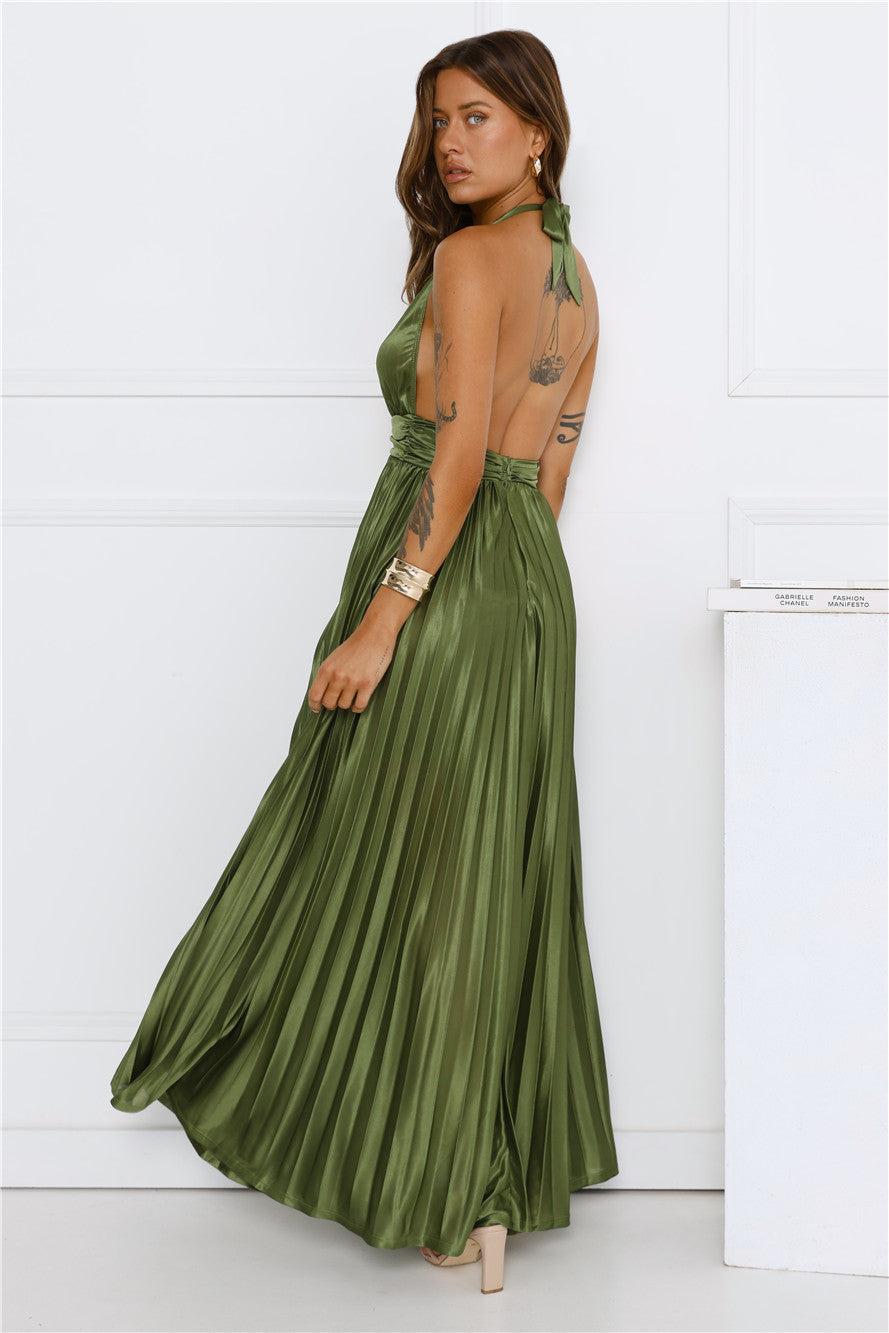 Shimmering Sea Pleated Halter Maxi Dress Olive Product Image