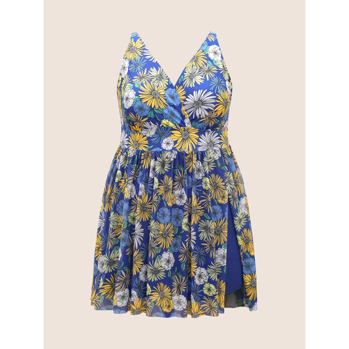 Plus Size Overlap Collar Floral Mesh Split Side Swim Dress Women's Swimwear Indigo Beach Bodycon Overlap Collar High stretch Curve Swim Dresses BloomChic 18-20/2X Product Image