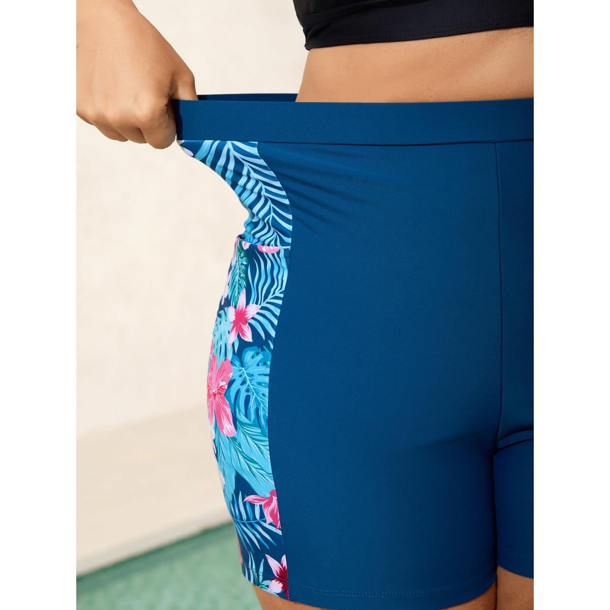 Plus Size Tropical Print Side Pockets Contrast Swim Bottoms Women's Swimwear Cyan Resort High stretch Skinny High Rise Side seam pocket Curve Swim Bottoms BloomChic 28/5X Product Image