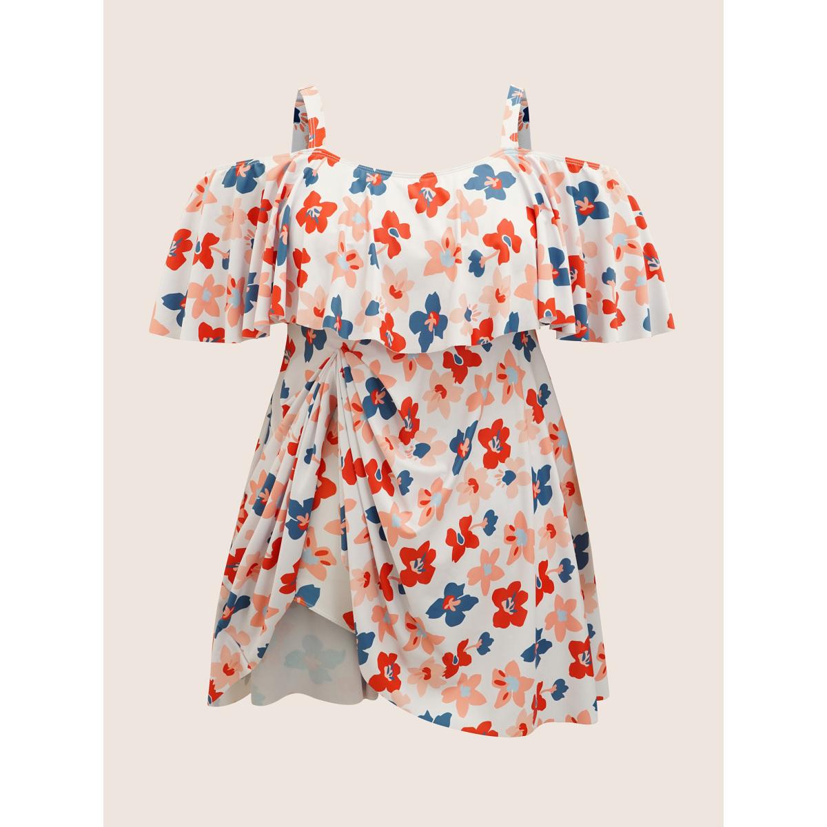Plus Size Contrast Floral One Shoulder Neck Ruffles Swim Dress Women's Swimwear Beige Beach Bodycon One-shoulder neck High stretch Curve Swim Dresses BloomChic 18-20/2X Product Image