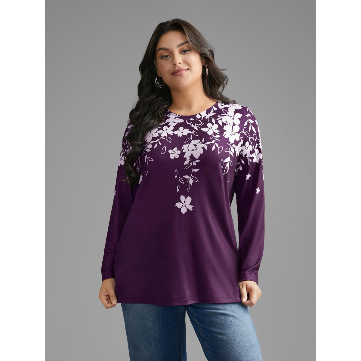 Plus Size Round Neck Boho Print T-Shirt Eggplant Women Casual Contrast Natural Flowers Round Neck Everyday T-shirts BloomChic 26/4X Product Image