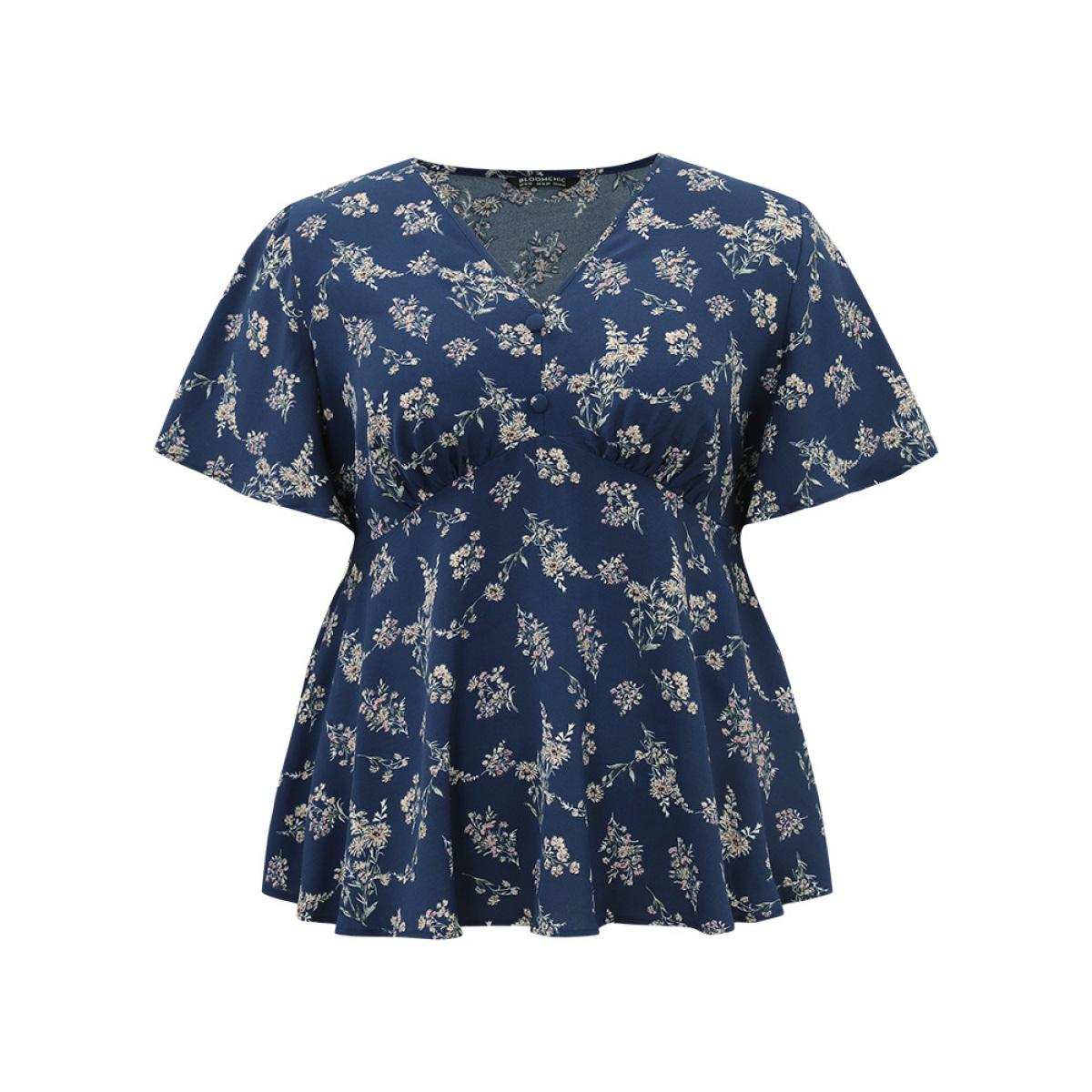 Plus Size Indigo Floral Print Flutter Sleeve Button Detail Blouse Women Elegant Short sleeve V-neck Dailywear Blouses BloomChic 30/6X Product Image