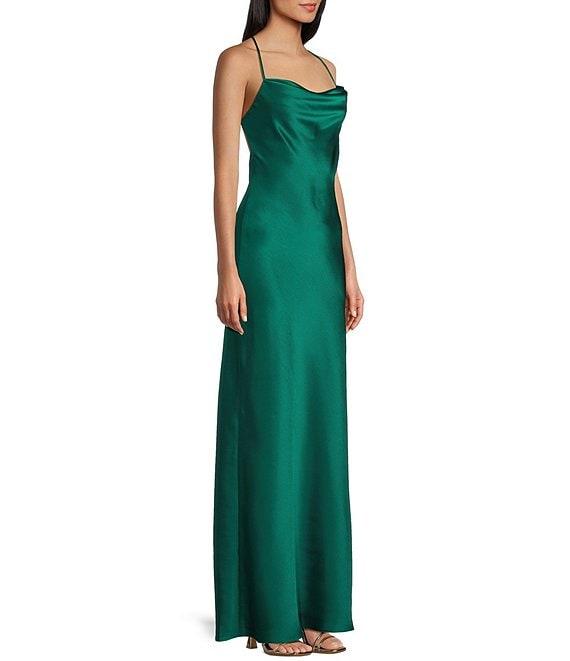 B. Darlin Satin Cowl Neck Cross Back Strap Long Dress Product Image