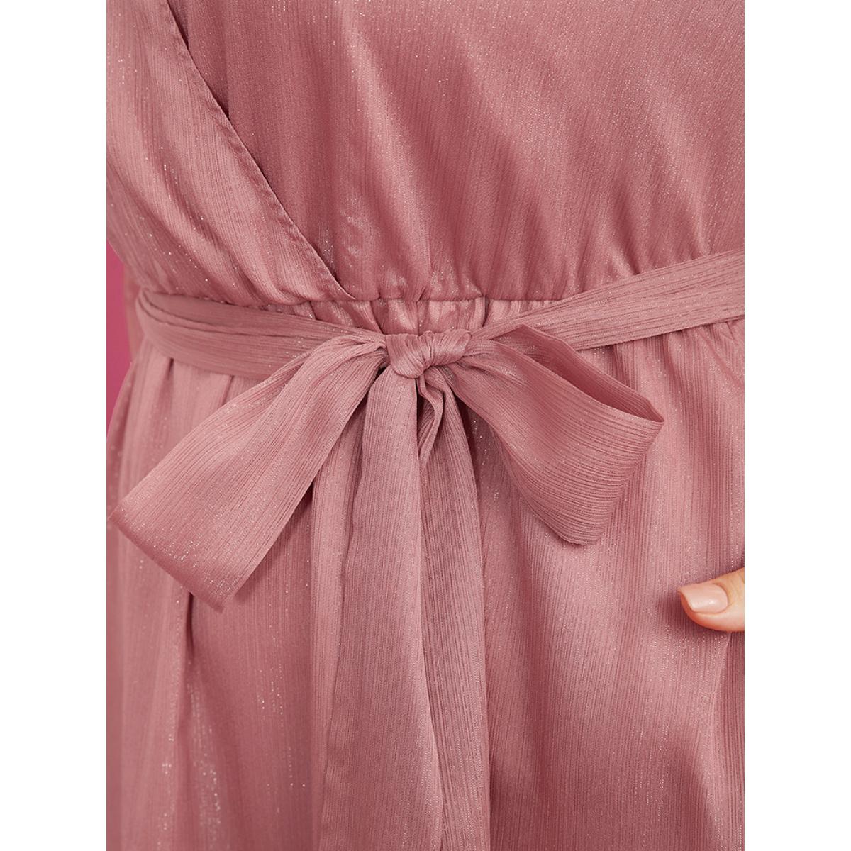 Plus Size Solid Pocket Belted Surplice Neck Midi Dress DustyPink Women Elegant Belted V-neck Long Sleeve Curvy Midi Dress BloomChic 10/M Product Image