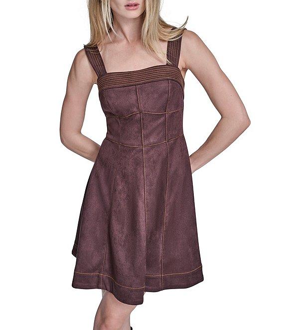 BCBG Suede Square Neck Sleeveless Wide Strap Fit & Flare Dress Product Image