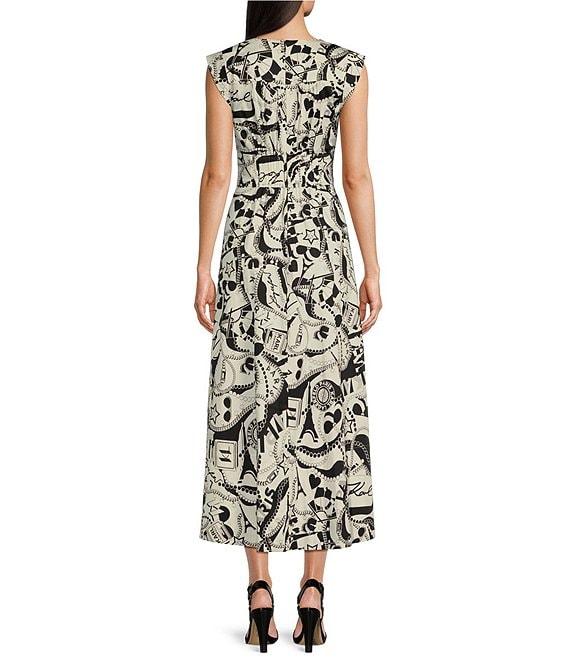 KARL LAGERFELD PARIS Sateen Printed V-Neck Sleeveless A-Line Midi Dress Product Image