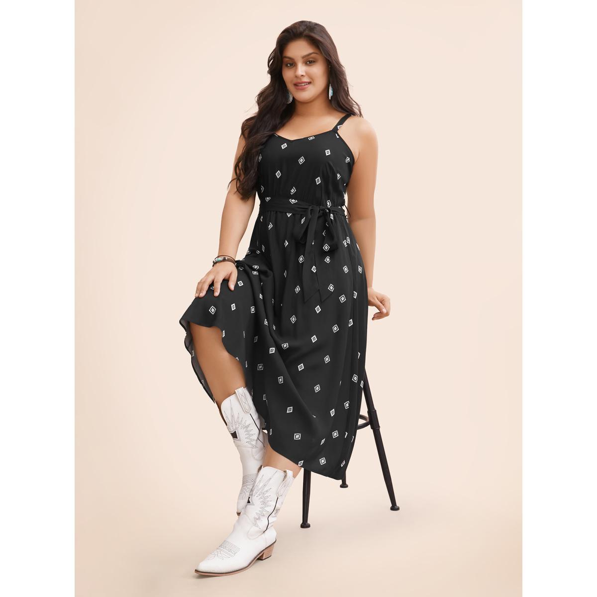 Plus Size Cami Printed A-line Midi Dress Black Women Resort Belted V-neck Sleeveless Curvy BloomChic 22-24/3X Product Image