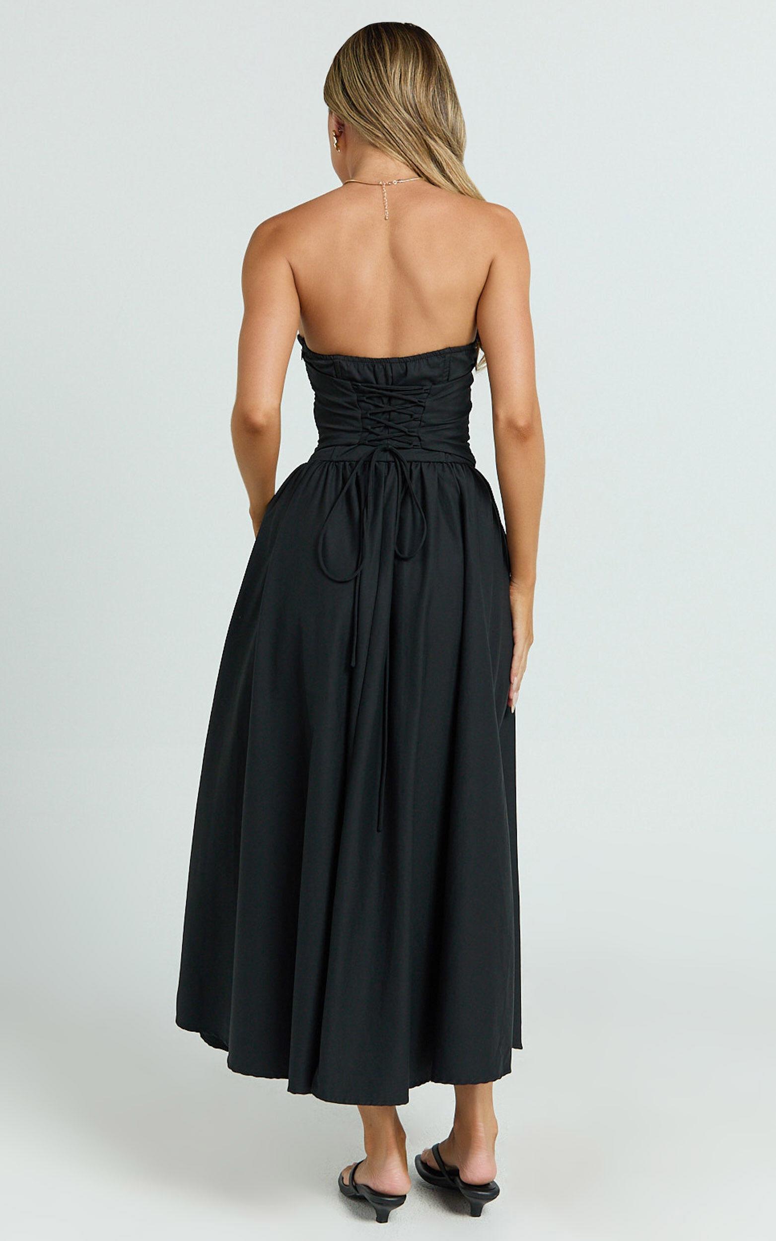 Daria Midi Dress - Strapless Corset Gathered Dress in Black Product Image