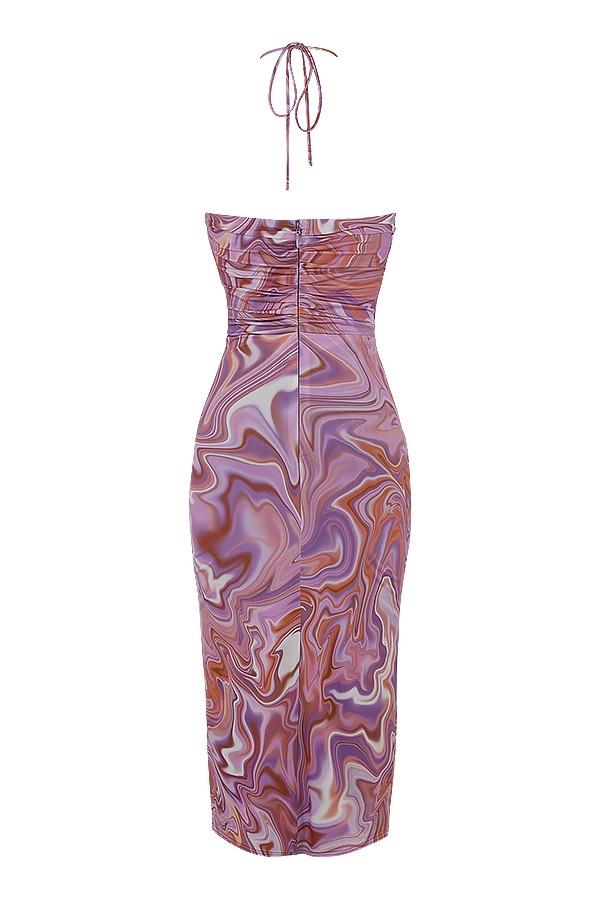 Kasia  purple swirl cutout midi dress Product Image