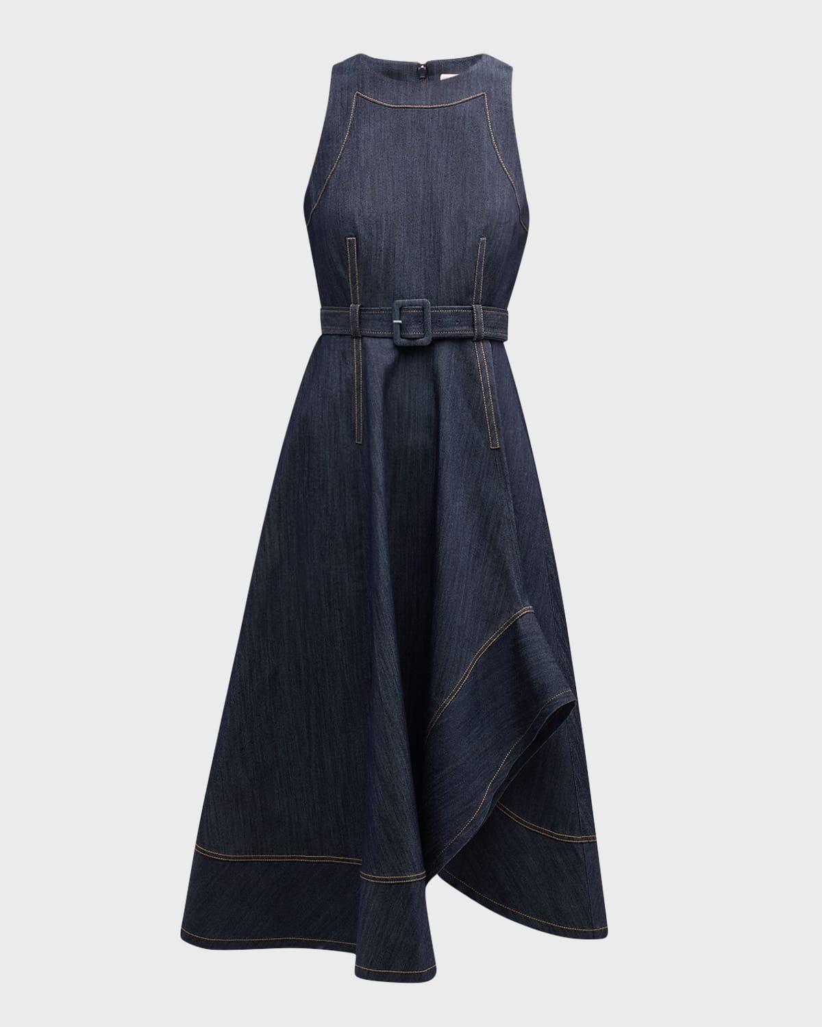 CINQ À SEPT Zelda Belted Asymmetric Sleeveless Denim Midi Dress In Indigo Product Image