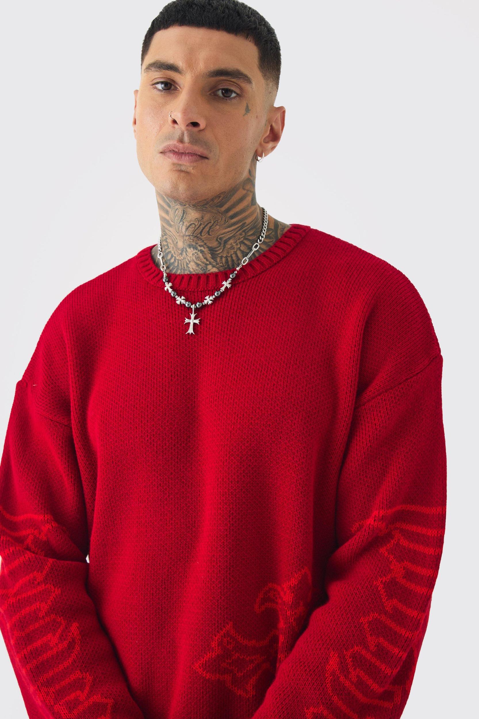 Tall Gothic Cross Oversized Knitted Sweat | boohooMAN USA Product Image