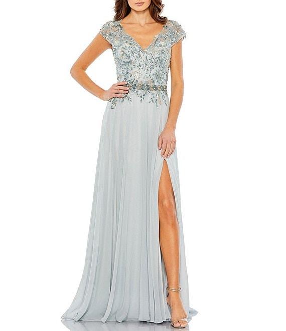 Mac Duggal Beaded V-Neck Cap Sleeve A-Line Gown Product Image