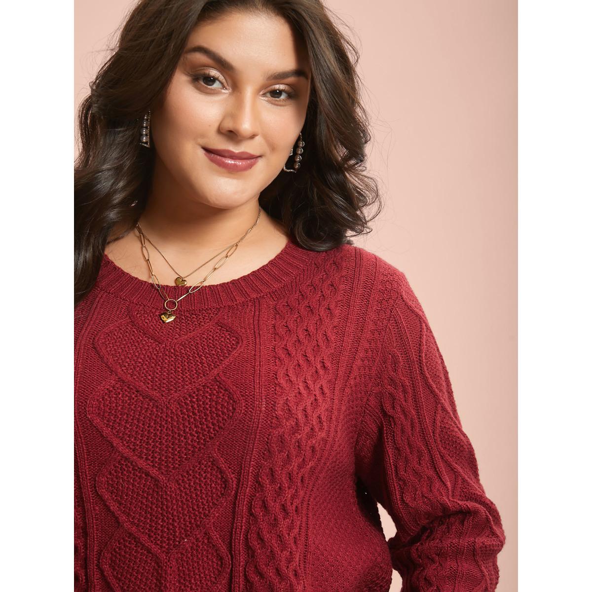 Plus Size Crew Neck Split Hem Textured Pullover Brightred Women Casual Loose Long Sleeve Round Neck Everyday Pullovers BloomChic 26/4X Product Image