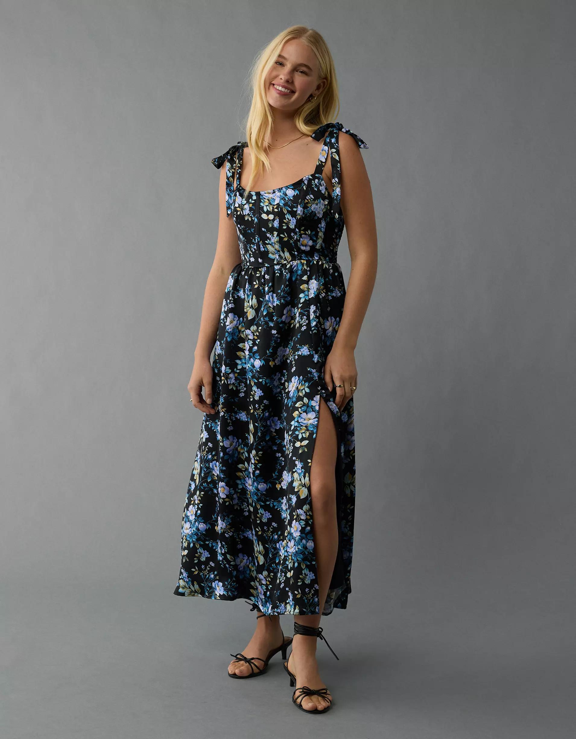 AE Corset Tie Strap Floral Midi Dress Product Image