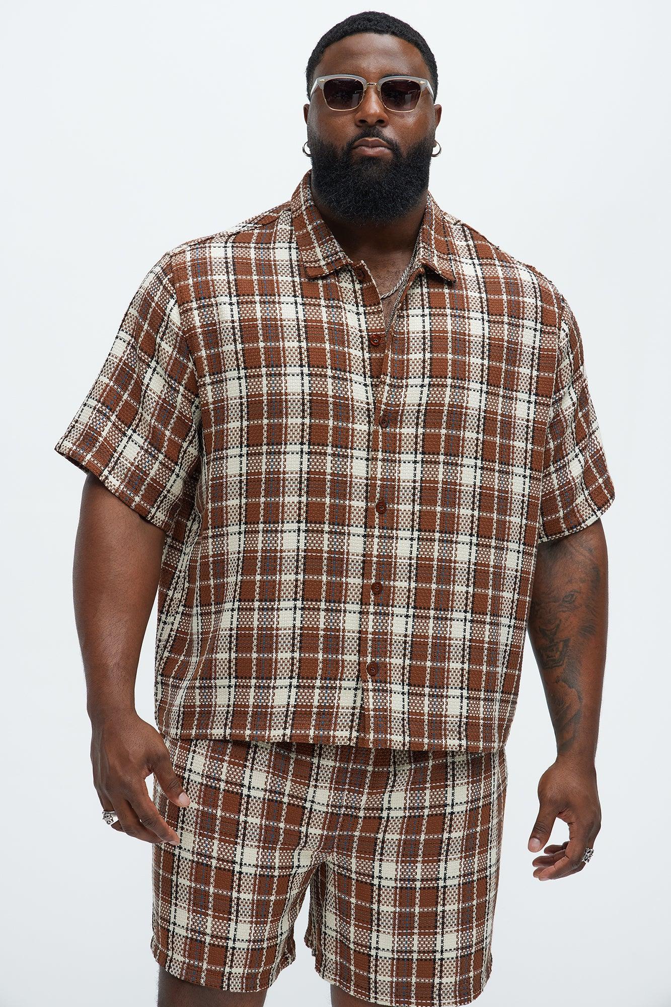 Plaid Basket Weave Cropped Button Up Shirt - Brown Combo Product Image