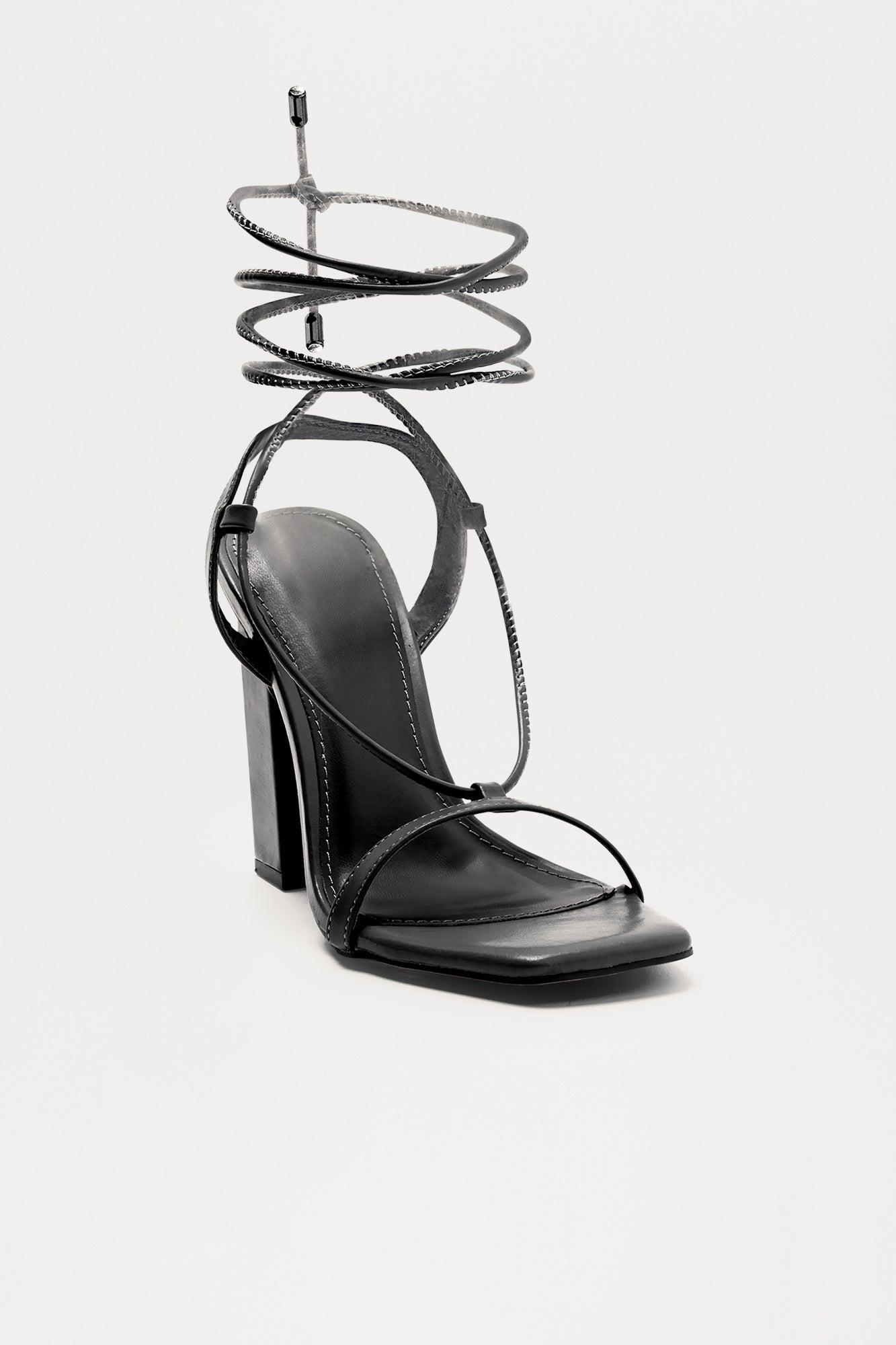 Thane Faux Leather Wrap Up Heels - Black Product Image