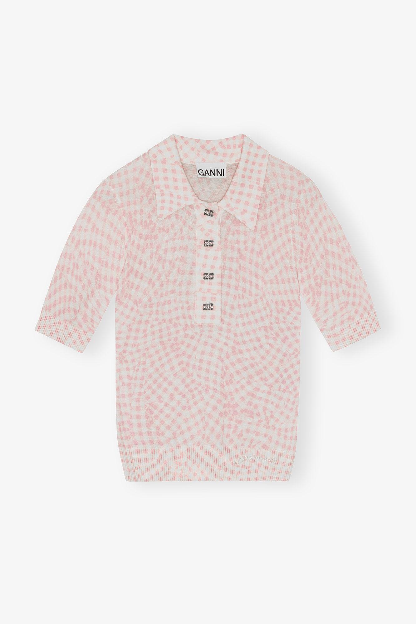 Pink Sheer Cotton Printed Polo Shirt Product Image