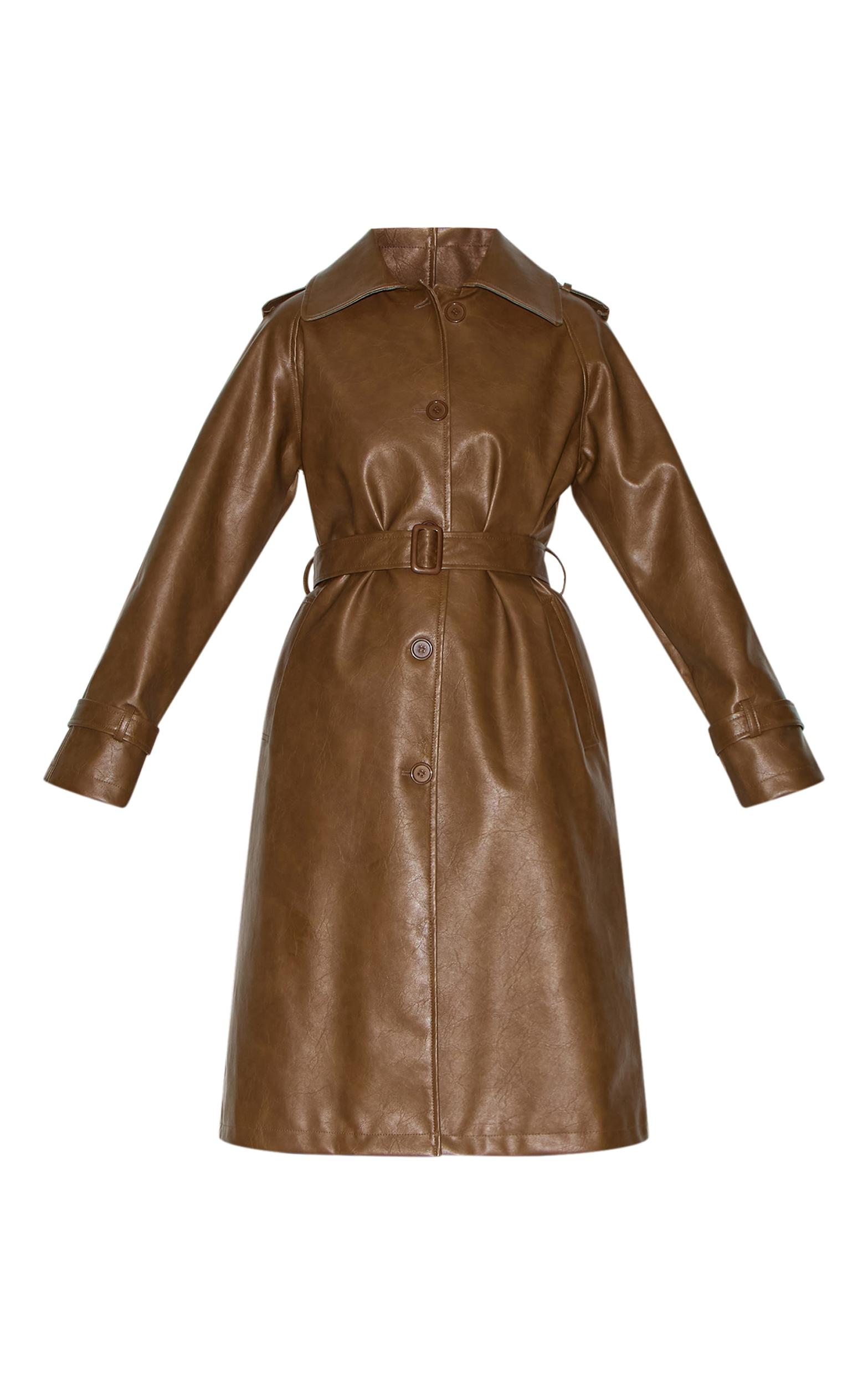 Chocolate Mid Length Faux Leather Trench Coat Product Image